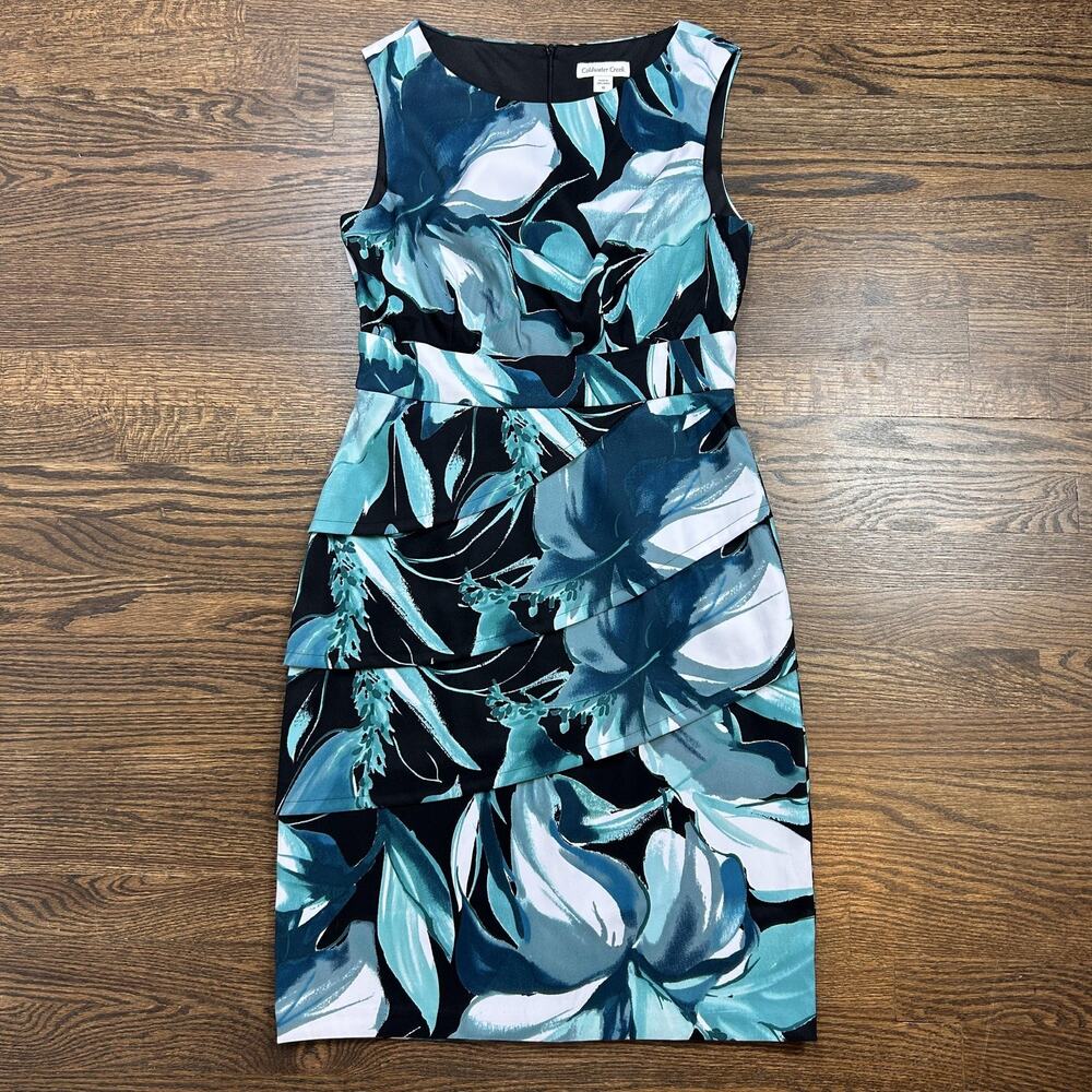 Coldwater Creek Dress Womens 10 Blue Floral Sleeveless Sheath Knee Length Ruffle
